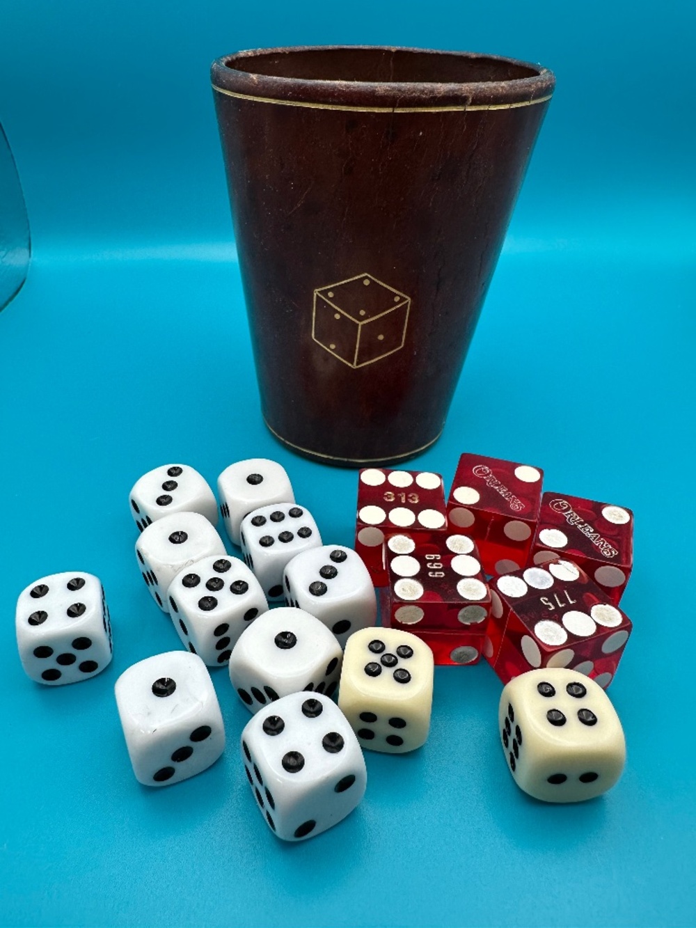 Assorted Dice lot with leather cup